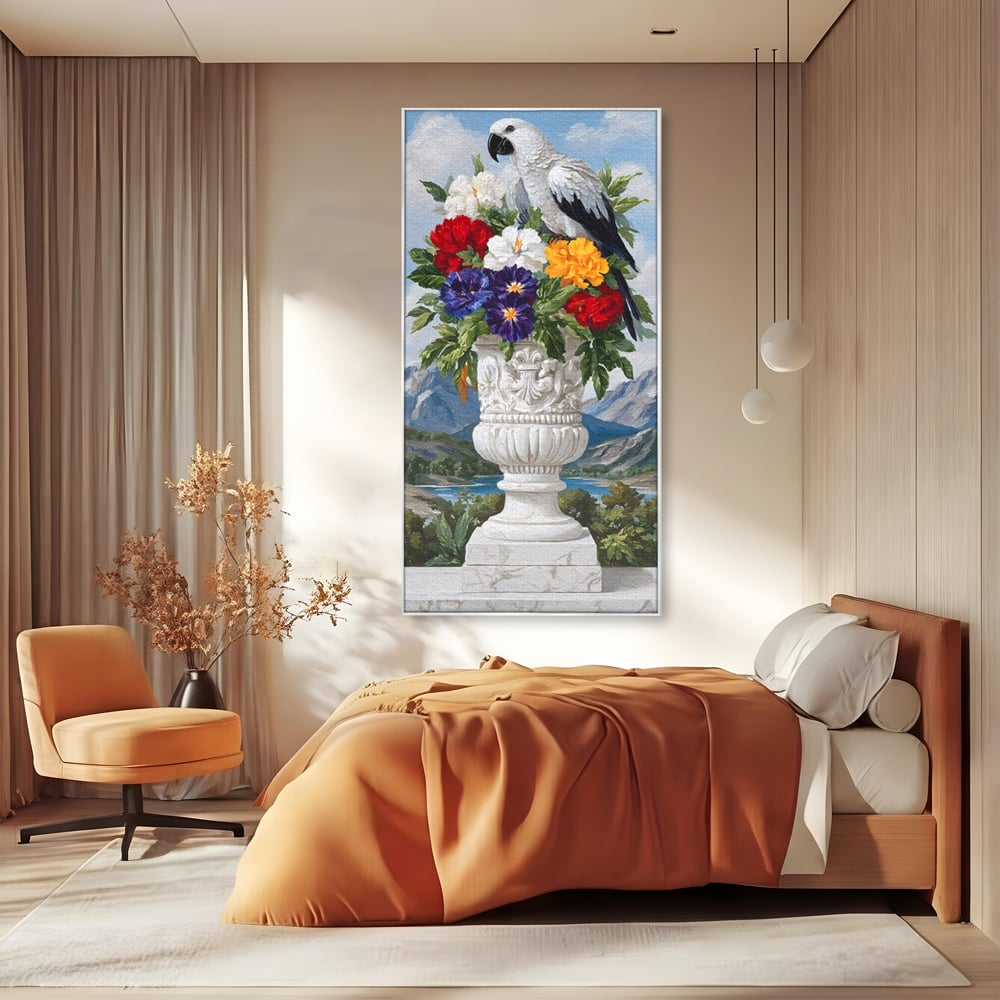 Tablou canvas cu tablou canvas cu papagal si vaza cu flori, in rama de aluminiu argintiu, pe perete intr-un dormitor